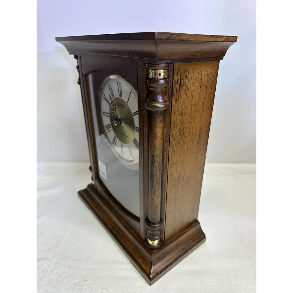 NIB: Seiko Baron Brown Wood Gold Mantel Pendulum Clock Dual Chimes QXQ034B